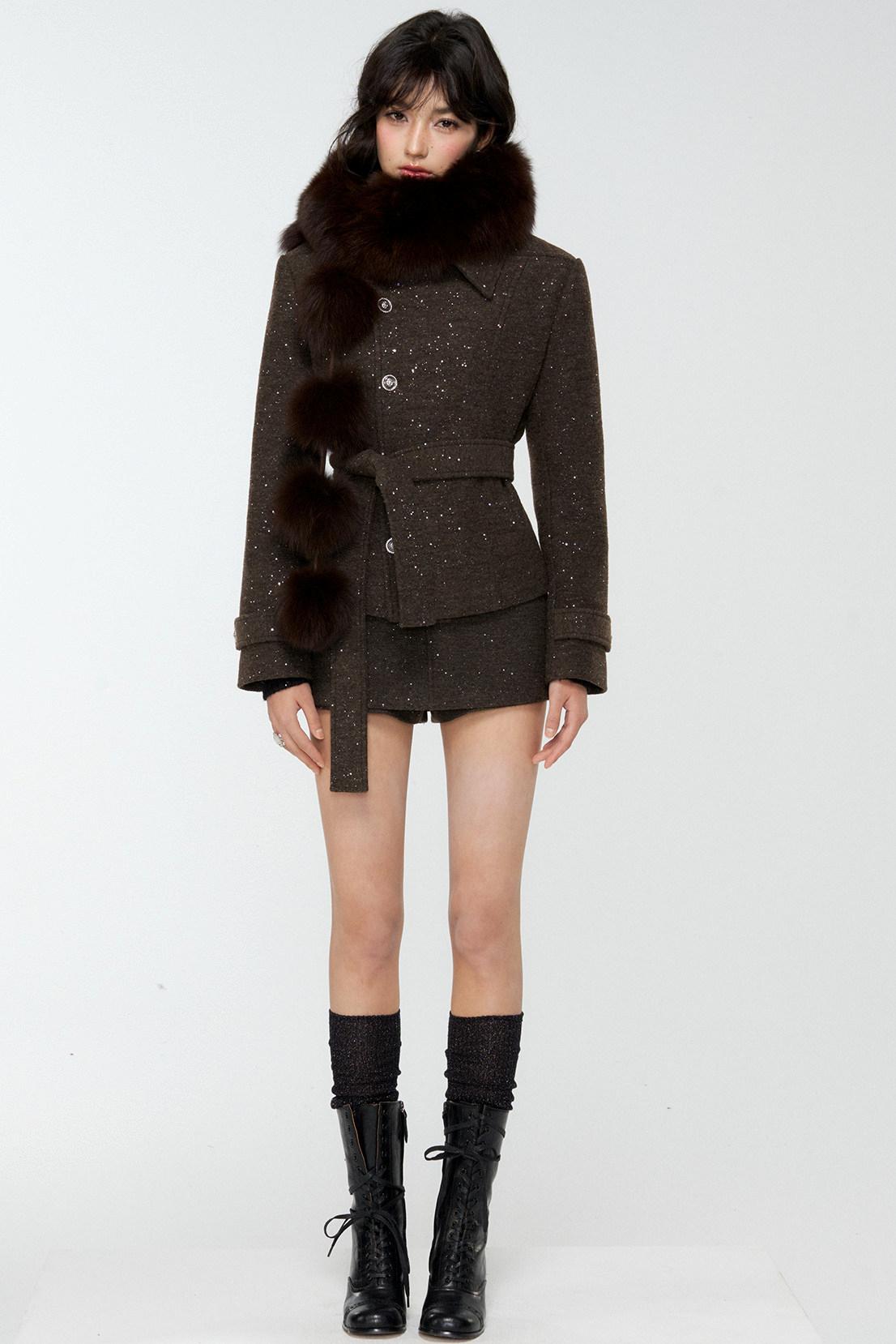 Dark Brown Tweed Jacket And Skirt Set-Up