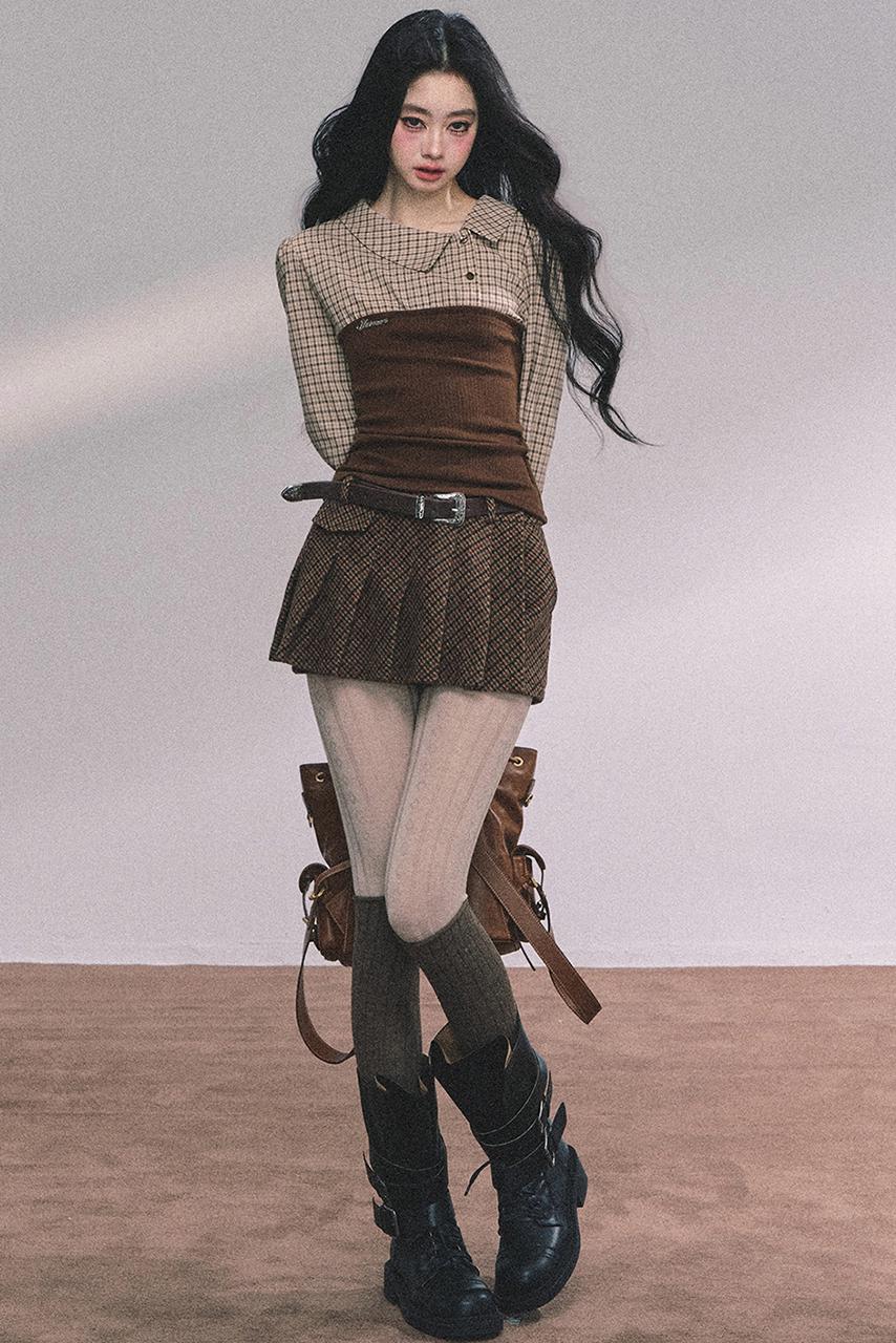 Knitted Long-Sleeved Plaid Top