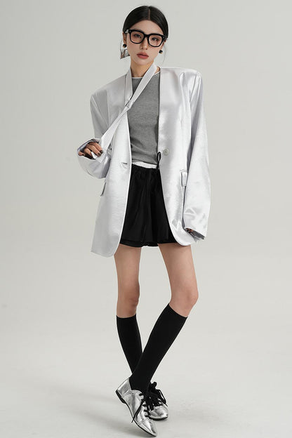 Glossy V-Neck Drape Jacket