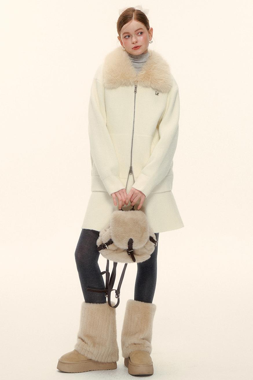 Wool Fur Collar Knit Jacket Set-Up