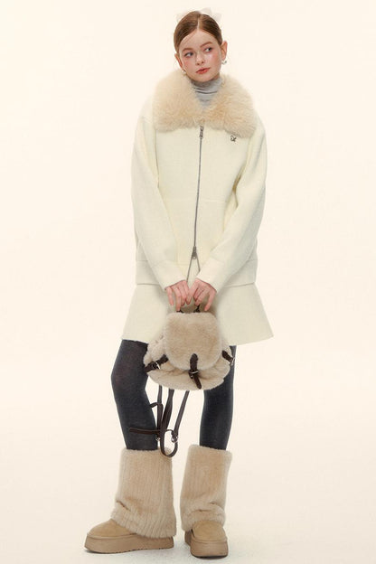 Wool Fur Collar Knit Jacket Set-Up