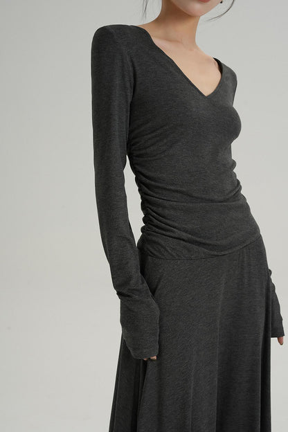 브이넥 블랙 롱 드레스 