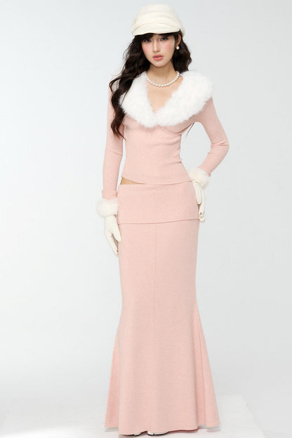 Pink Fur Collar Sweater With Fur Collar Set-Up