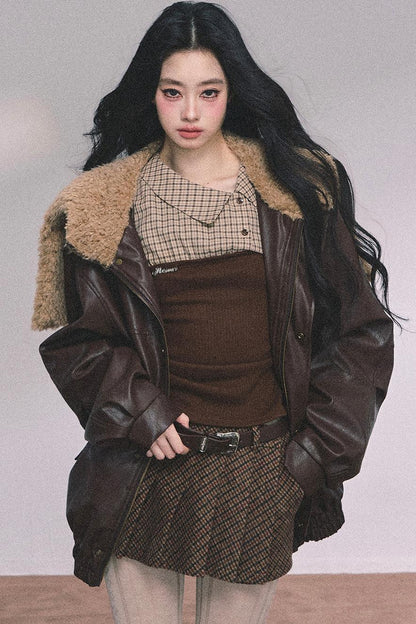 Autumn Navy Lambswool Leather Jacket