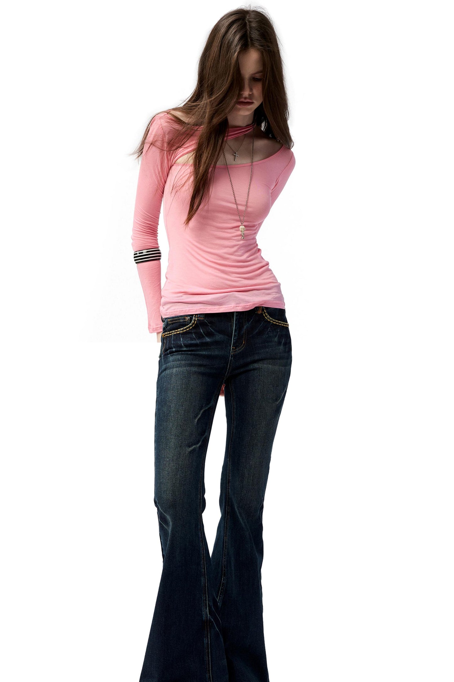 Slanted Shoulder Long-Sleeved T-Shirt