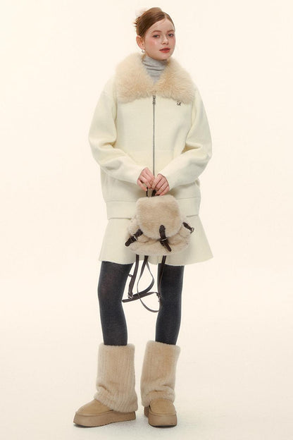 Wool Fur Collar Knit Jacket Set-Up