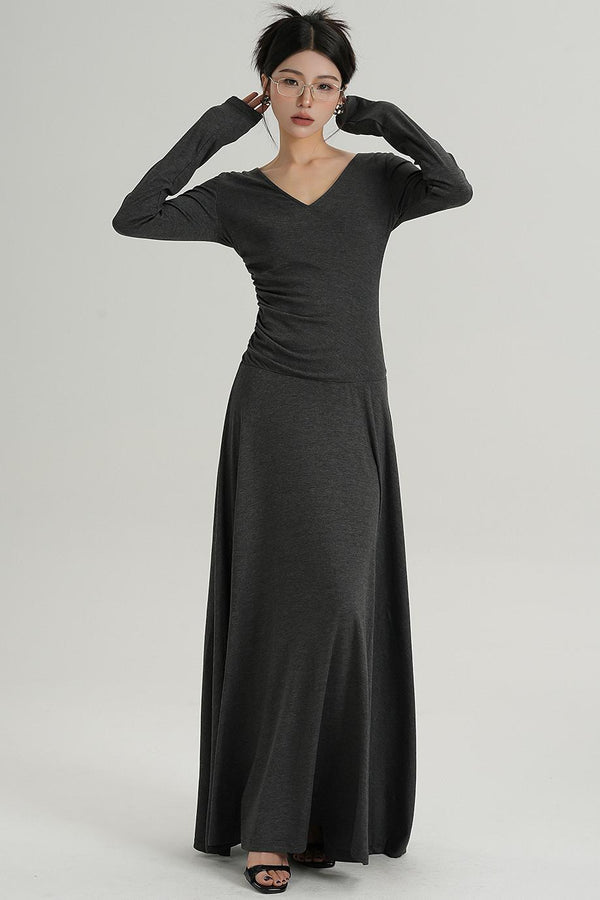 V-Neck Black Long Dress
