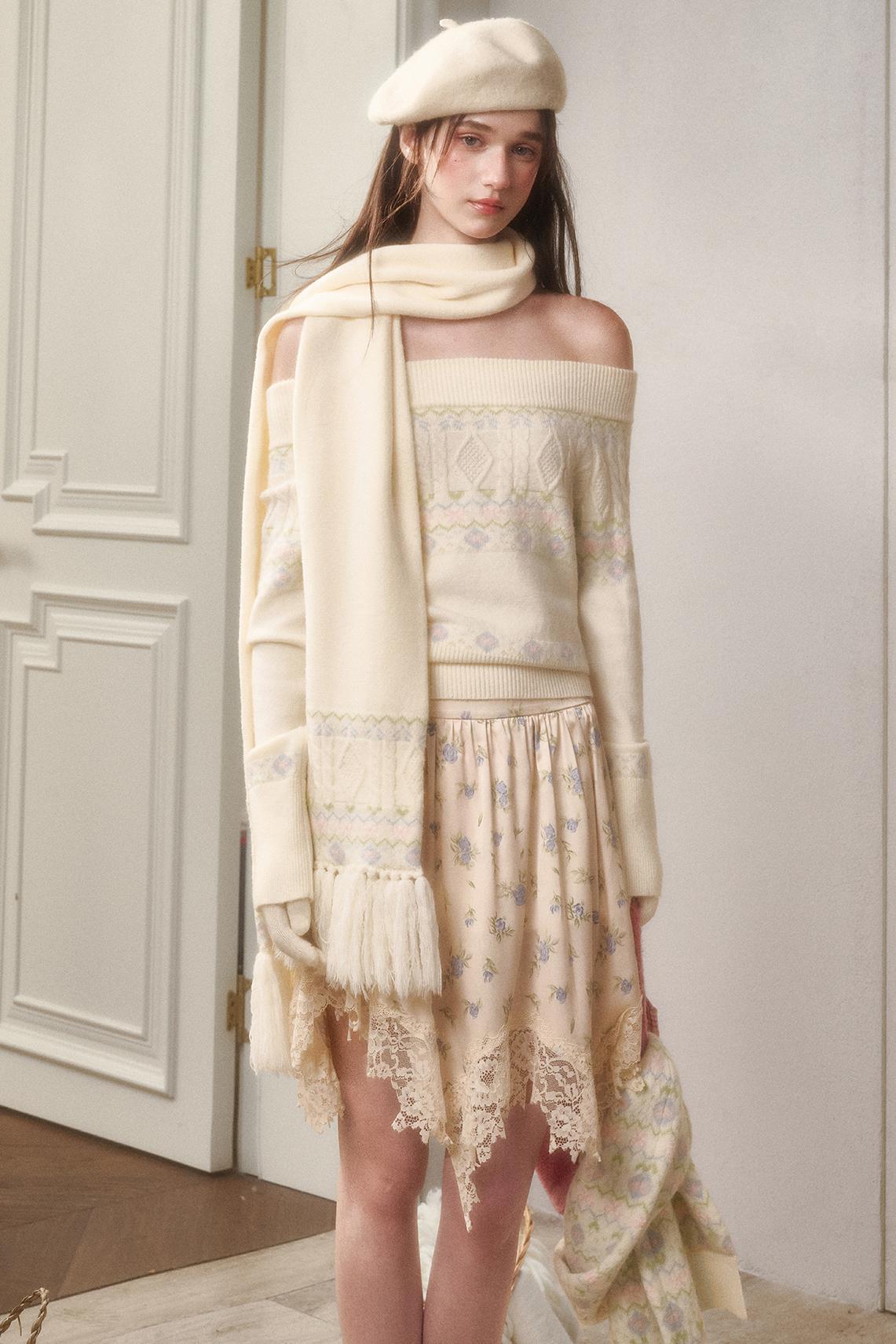 Waxy Cotton Sweater And Floral Skirt Set-Up