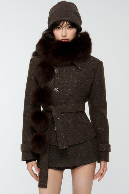 Dark Brown Tweed Jacket And Skirt Set-Up