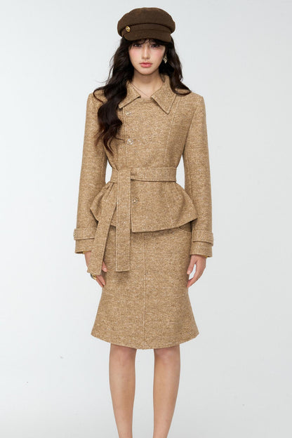 Khaki Tweed Jacket And Skirt Set-Up