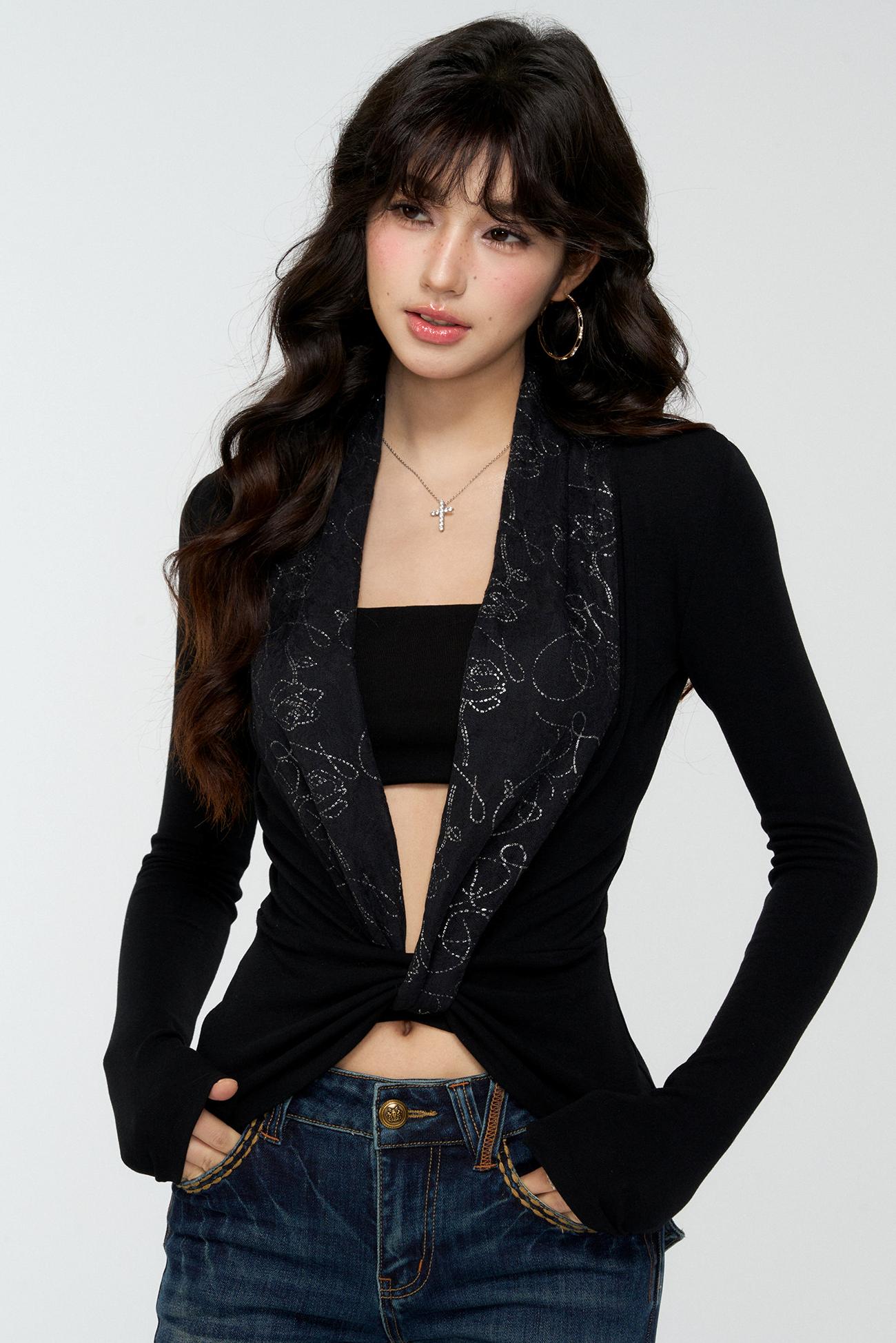 Patchwork Collar Knit Sweater Set