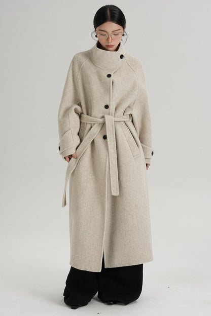 Temperament Diagonal Buckle Wool Coat