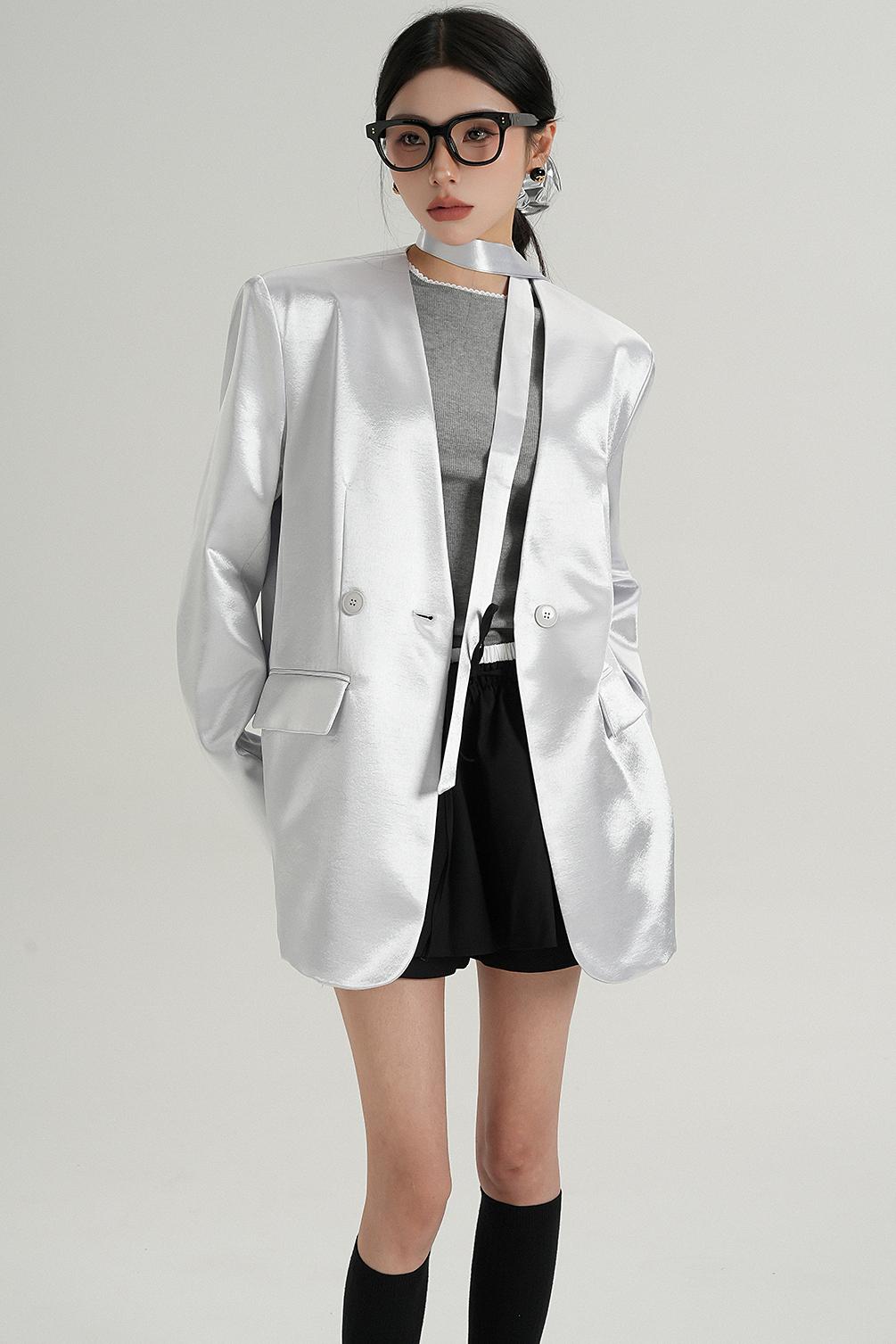 Glossy V-Neck Drape Jacket