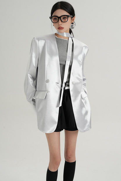 Glossy V-Neck Drape Jacket