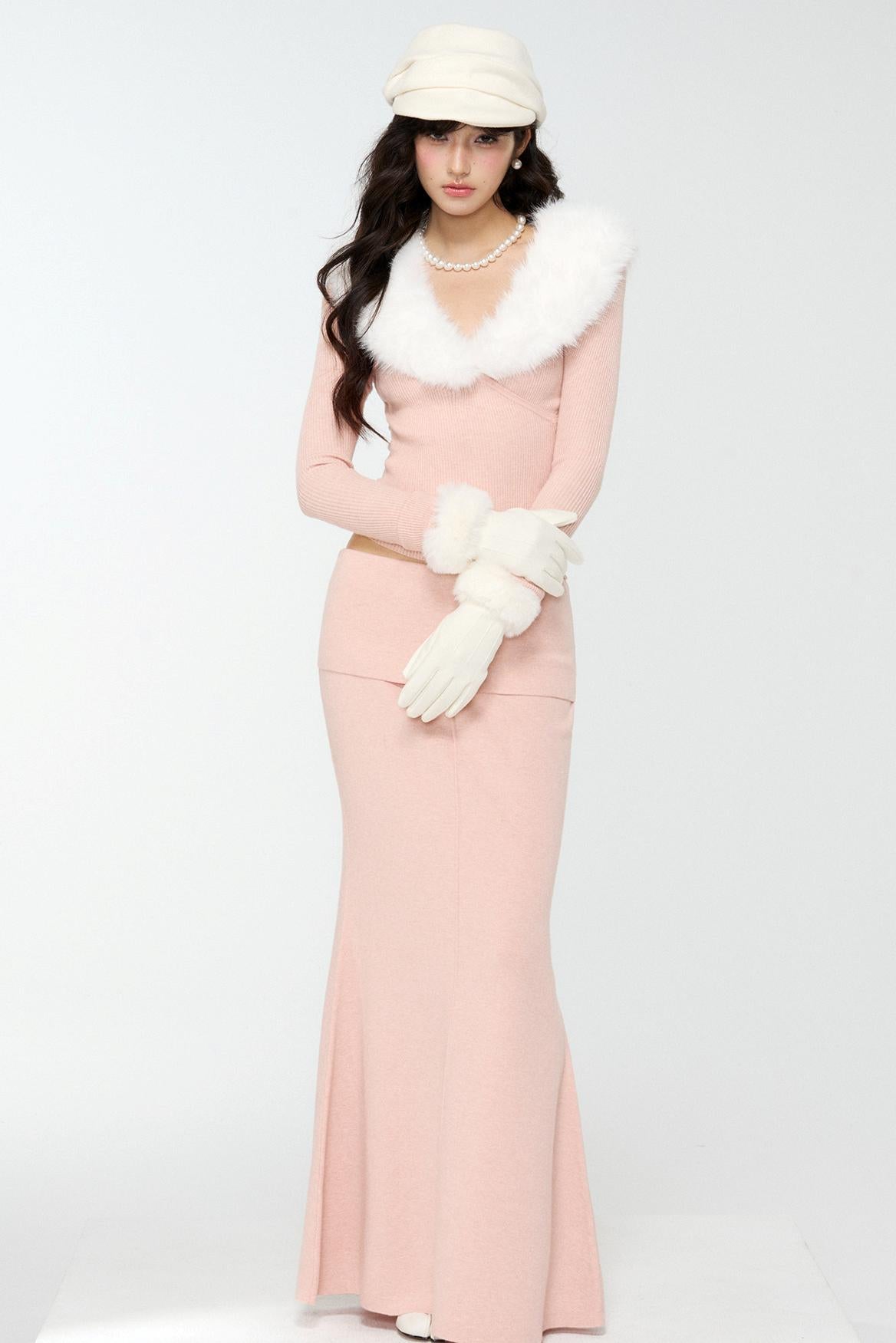 Pink Fur Collar Sweater With Fur Collar Set-Up