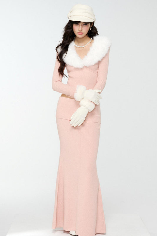Pink Fur Collar Sweater With Fur Collar Set-Up