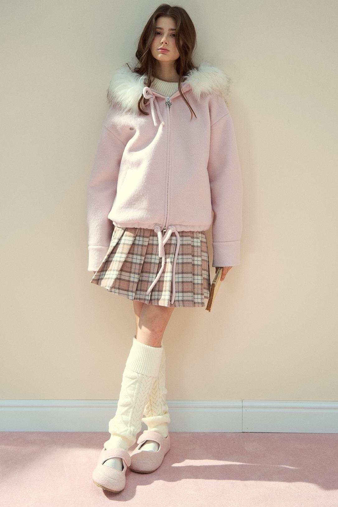 Gray Pink Wool Fur Collar Jacket