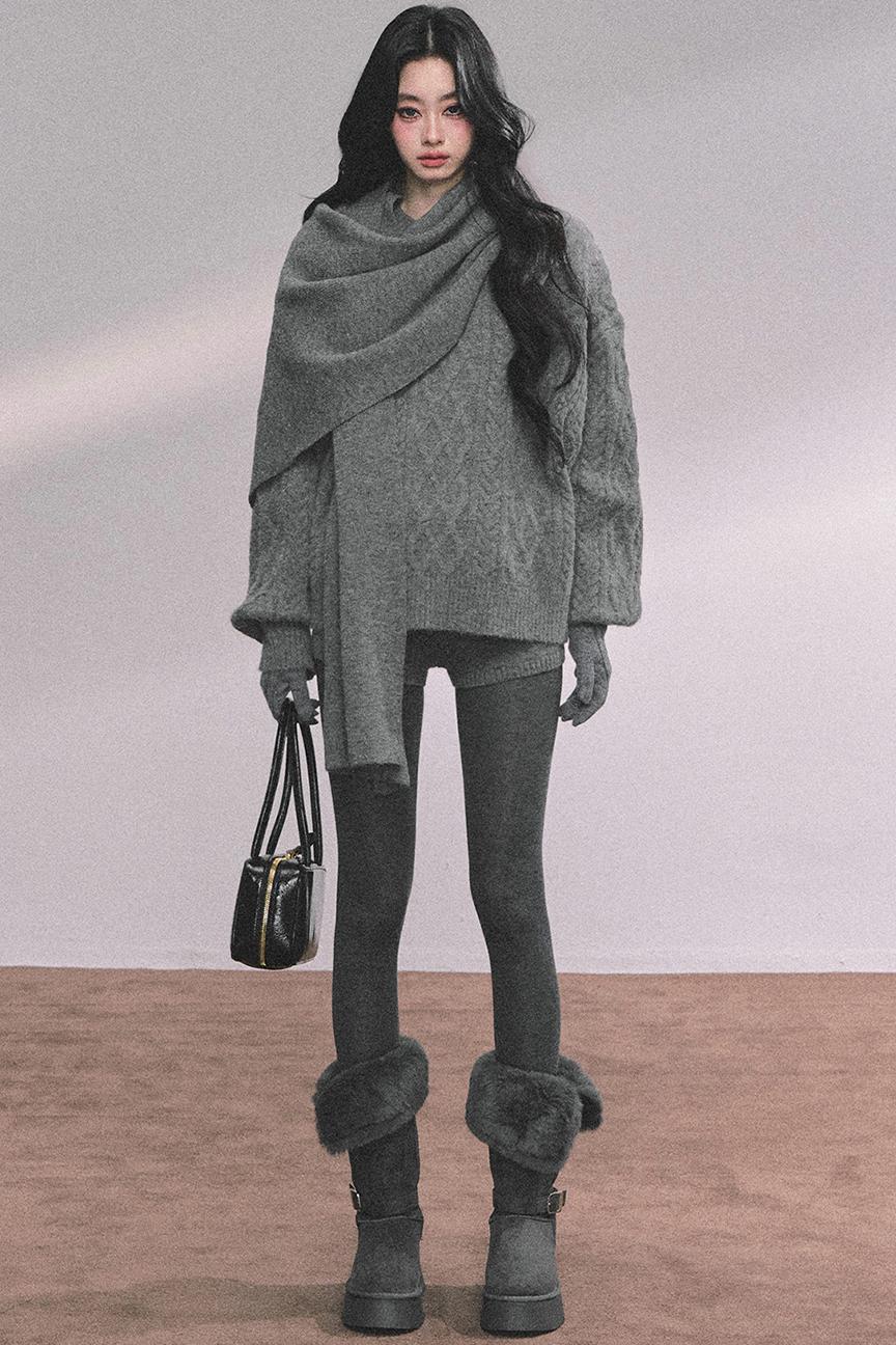 Winter Knitted Scarf Sweater Shorts Set-Up