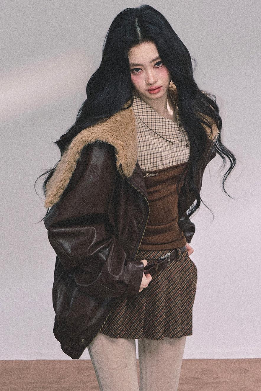 Autumn Navy Lambswool Leather Jacket