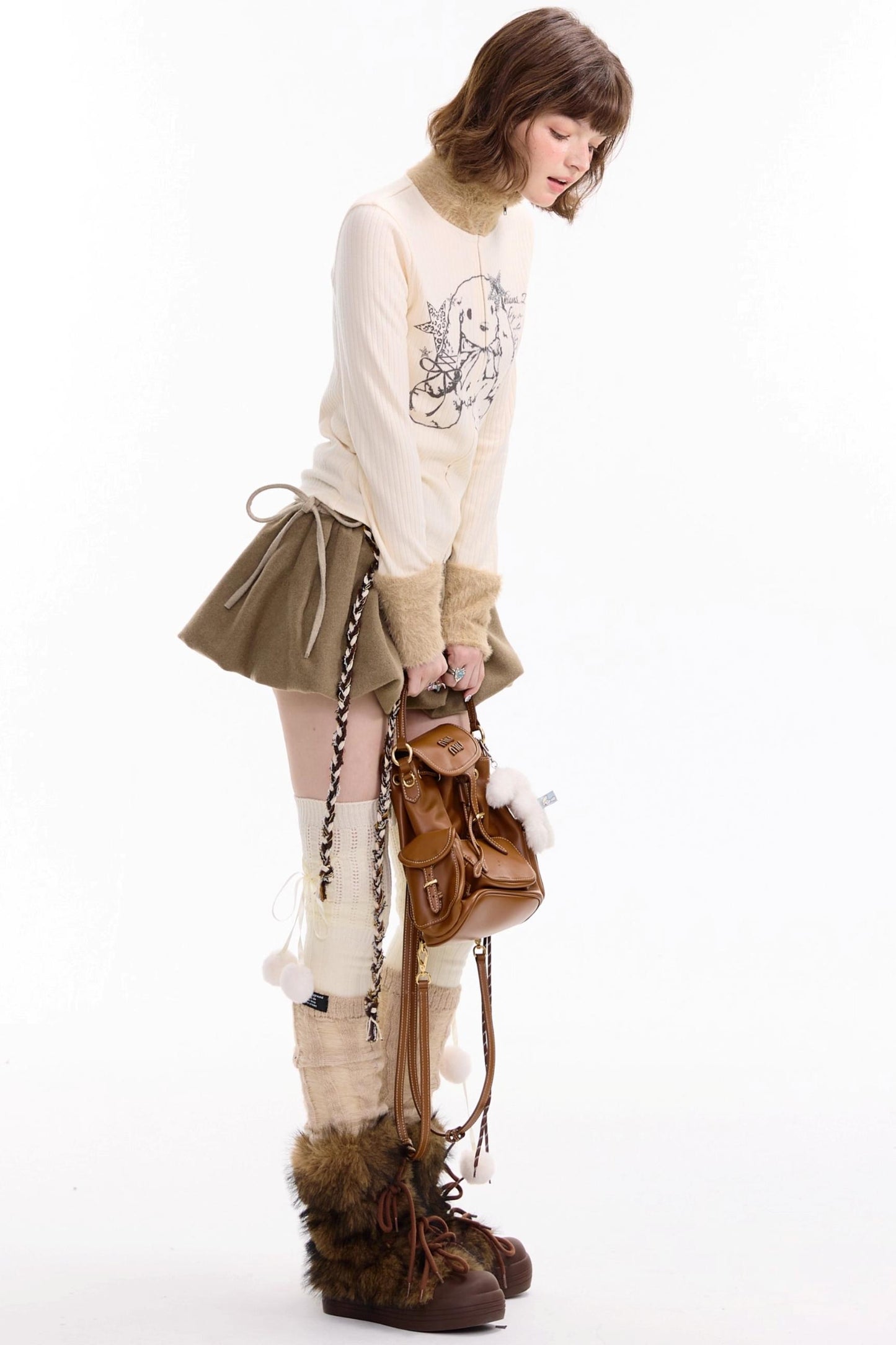 Fur Collar Zipper Rabbit Print Turtleneck Knitted Top