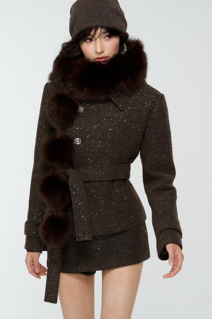 Dark Brown Tweed Jacket And Skirt Set-Up