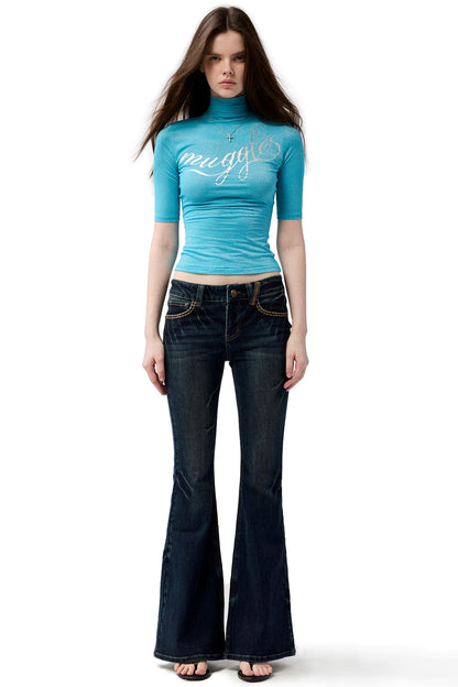 French Base Embroidery High-Collar Silver T-Shirt