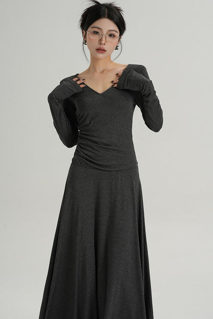 브이넥 블랙 롱 드레스 