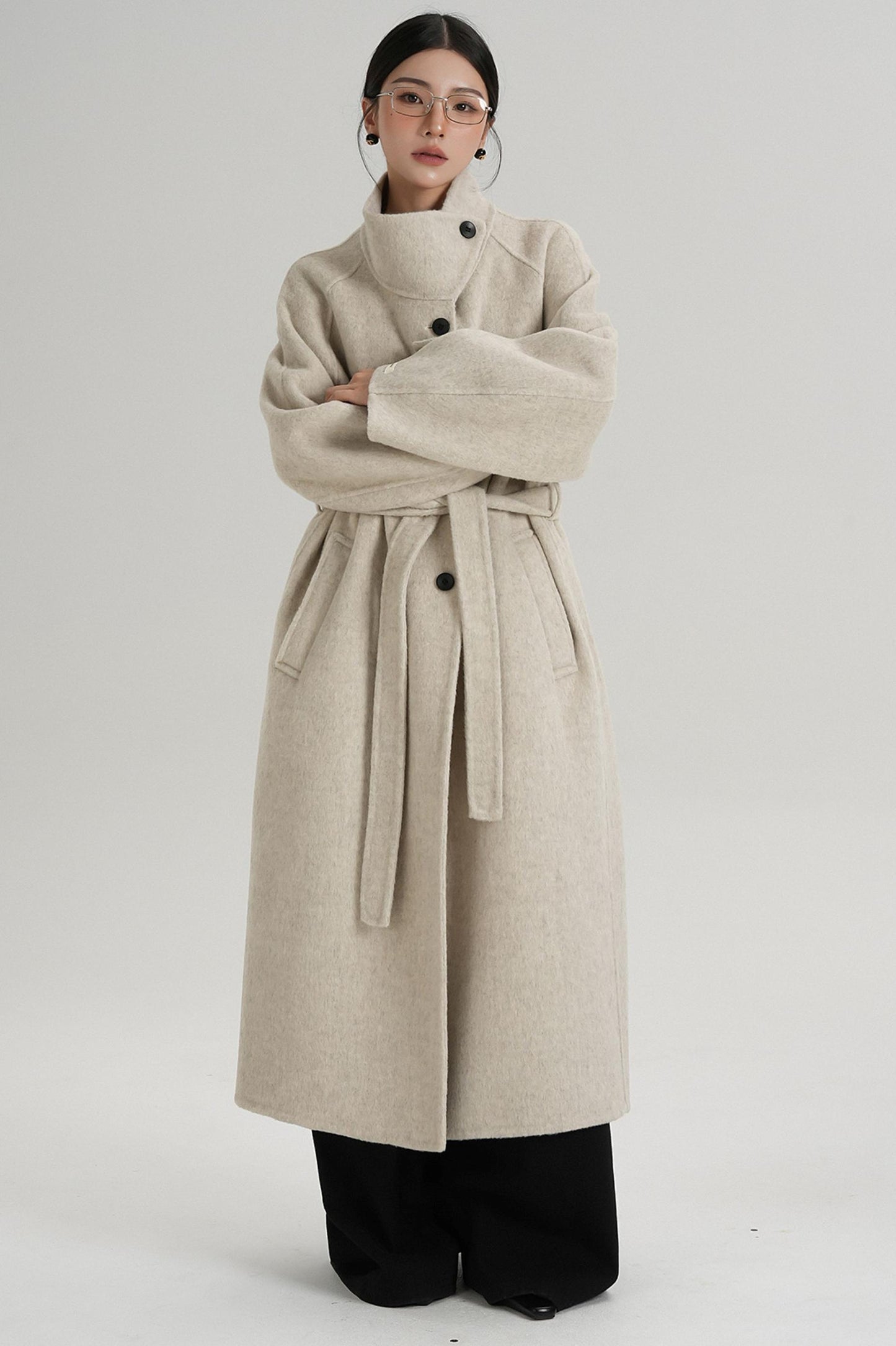 Temperament Diagonal Buckle Wool Coat