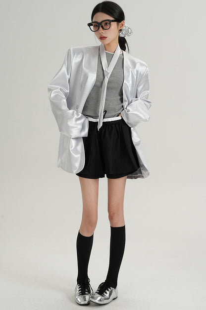 Glossy V-Neck Drape Jacket