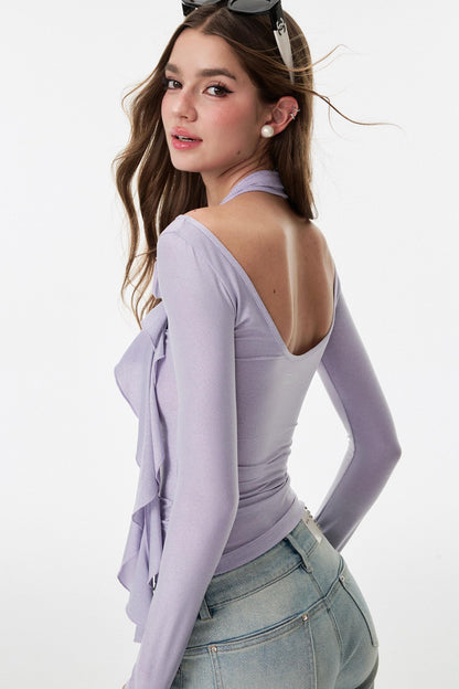 Entanglement Mesh Flower Pleated Off-the-Shoulder T-Shirt