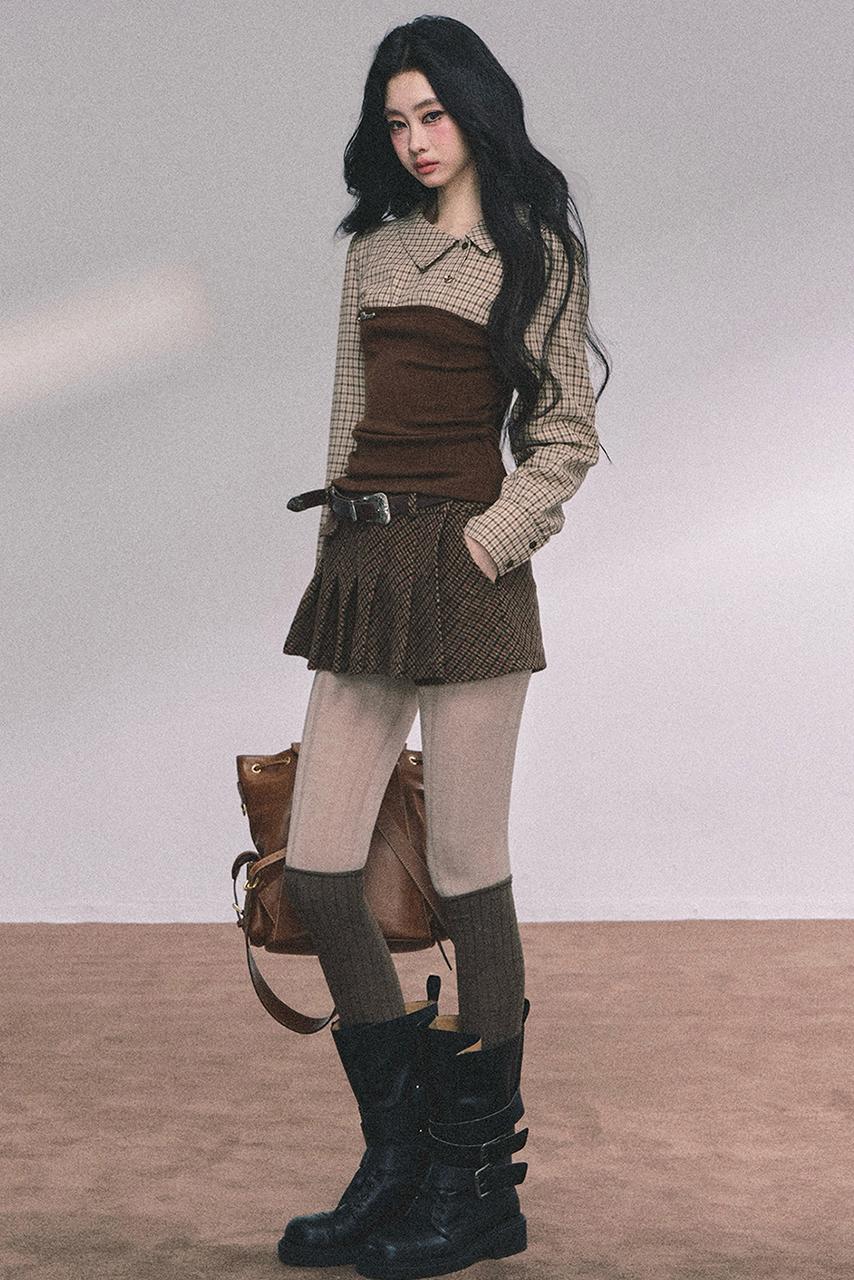 Knitted Long-Sleeved Plaid Top