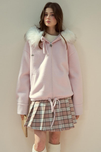 Gray Pink Wool Fur Collar Jacket