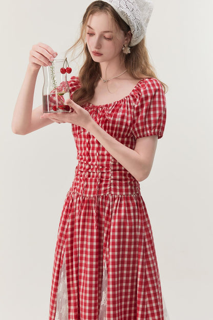 Pink Plaid Lace A-Line Dress