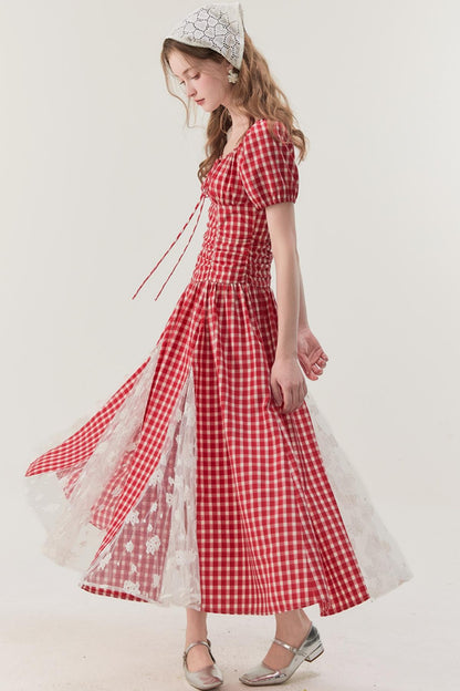 Pink Plaid Lace A-Line Dress