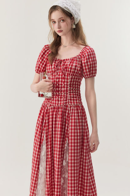 Pink Plaid Lace A-Line Dress