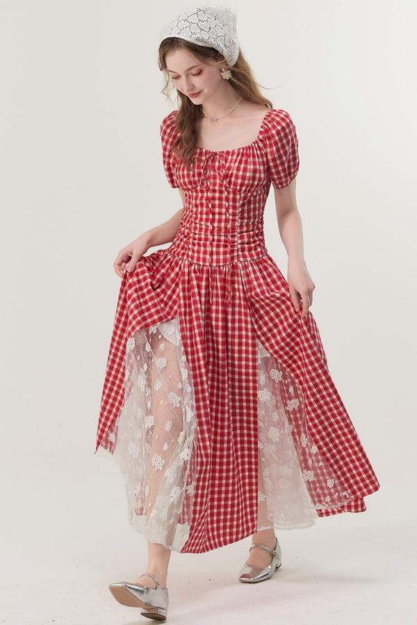 Pink Plaid Lace A-Line Dress