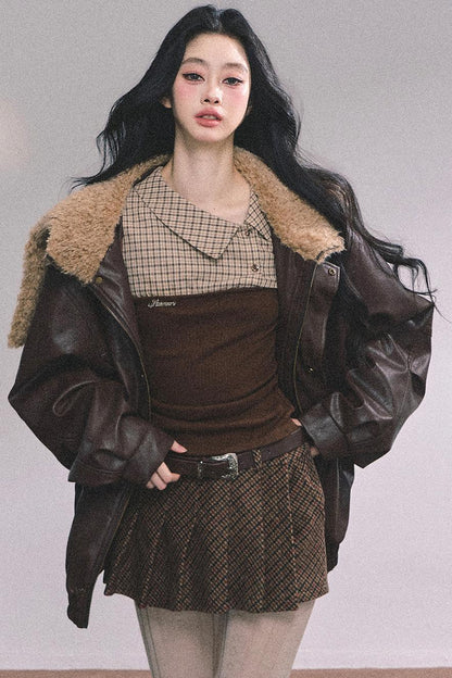 Autumn Navy Lambswool Leather Jacket