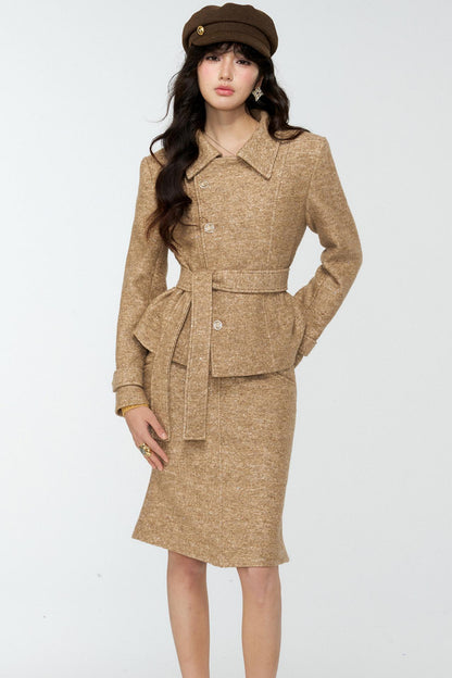 Khaki Tweed Jacket And Skirt Set-Up