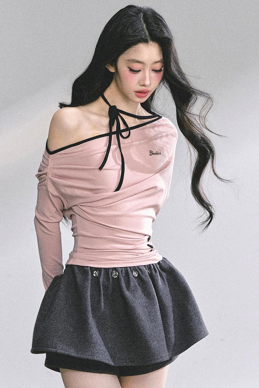 Korean Autumn Gray Halterneck Top