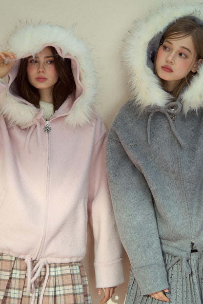 Gray Pink Wool Fur Collar Jacket