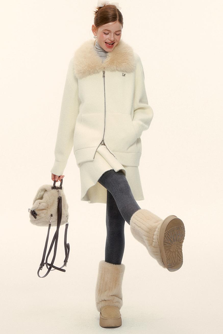 Wool Fur Collar Knit Jacket Set-Up
