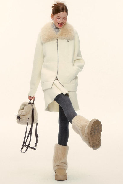 Wool Fur Collar Knit Jacket Set-Up