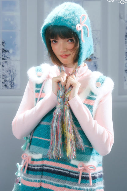 American Retro Striped Bow Knitted Vest Dress