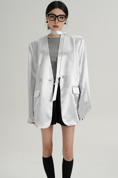 Glossy V-Neck Drape Jacket