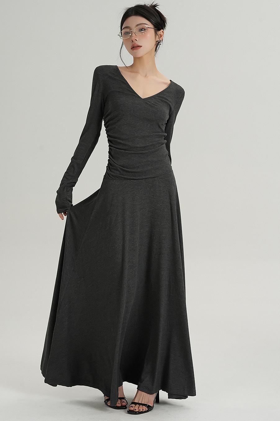 브이넥 블랙 롱 드레스 