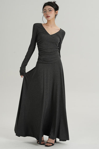 브이넥 블랙 롱 드레스 