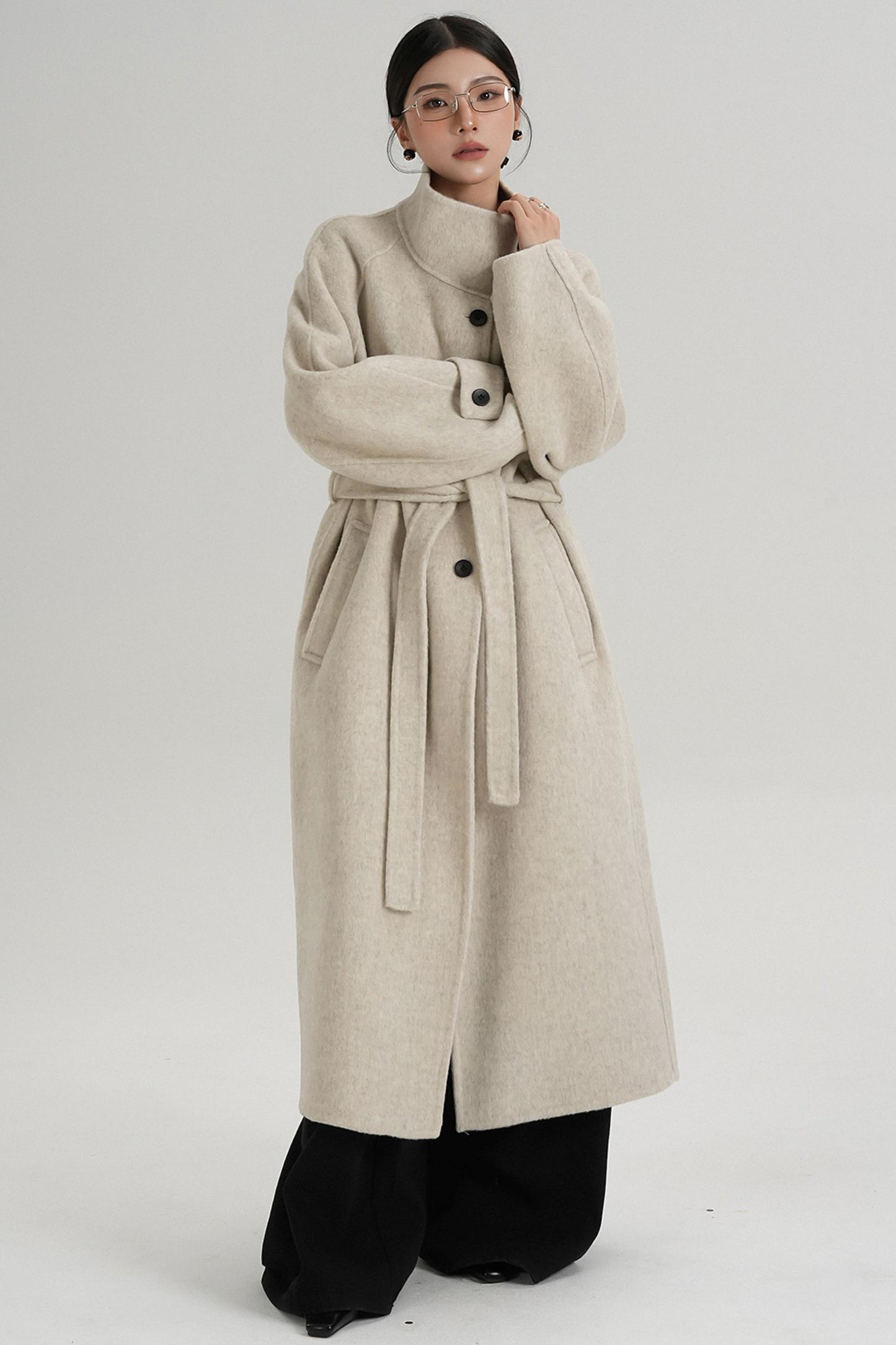 Temperament Diagonal Buckle Wool Coat