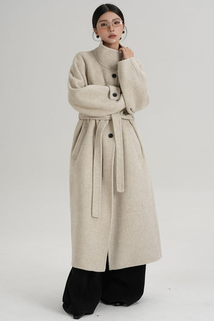 Temperament Diagonal Buckle Wool Coat