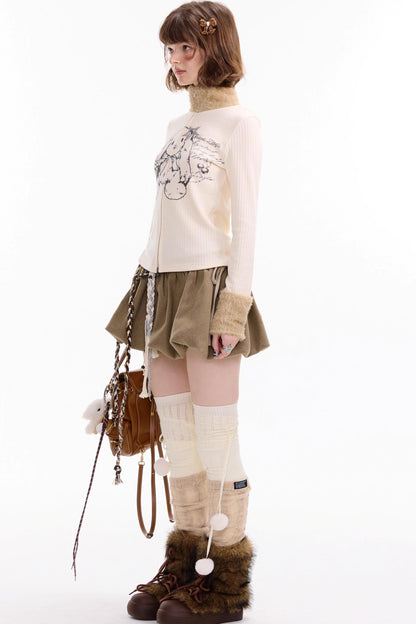 Fur Collar Zipper Rabbit Print Turtleneck Knitted Top