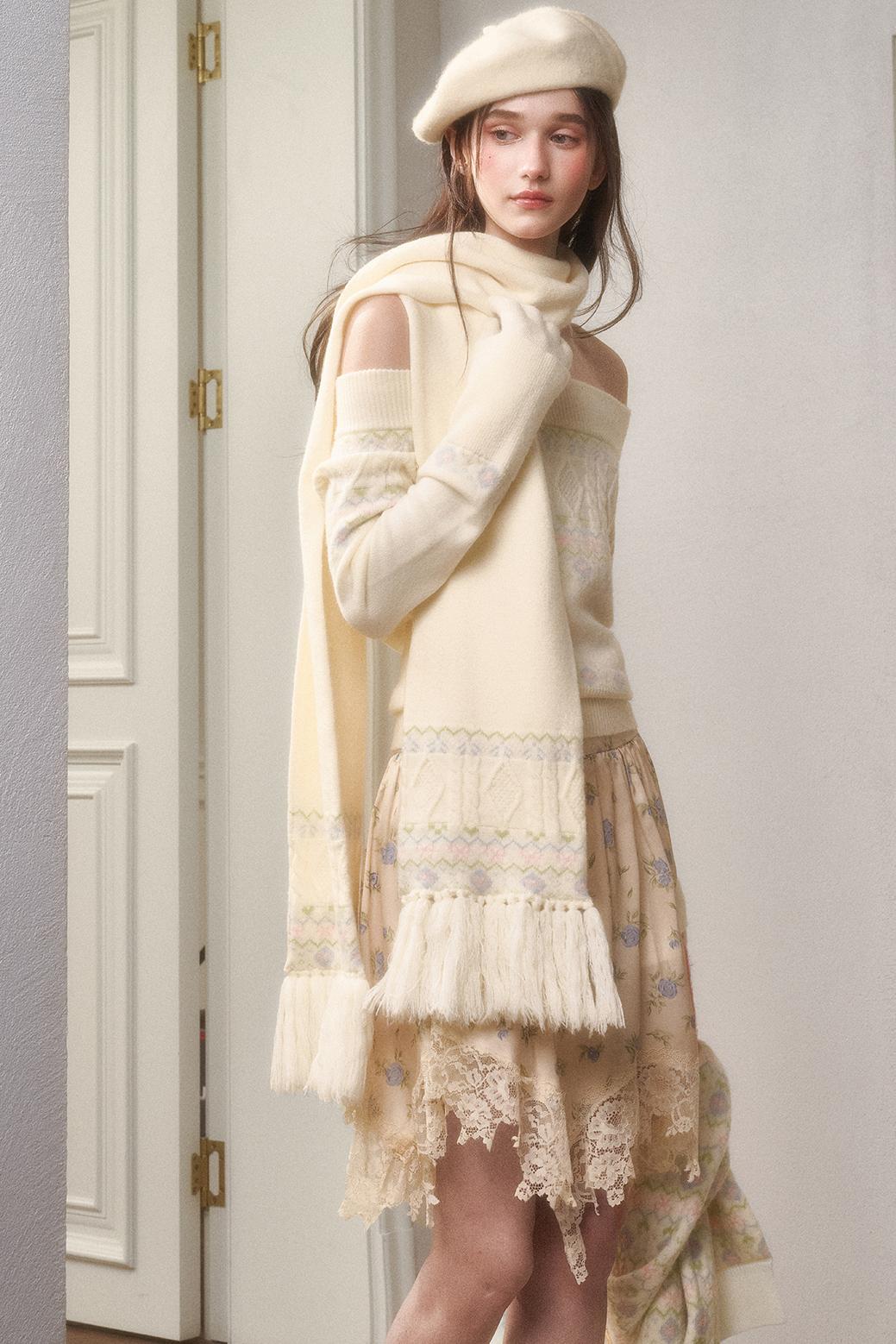 Waxy Cotton Sweater And Floral Skirt Set-Up